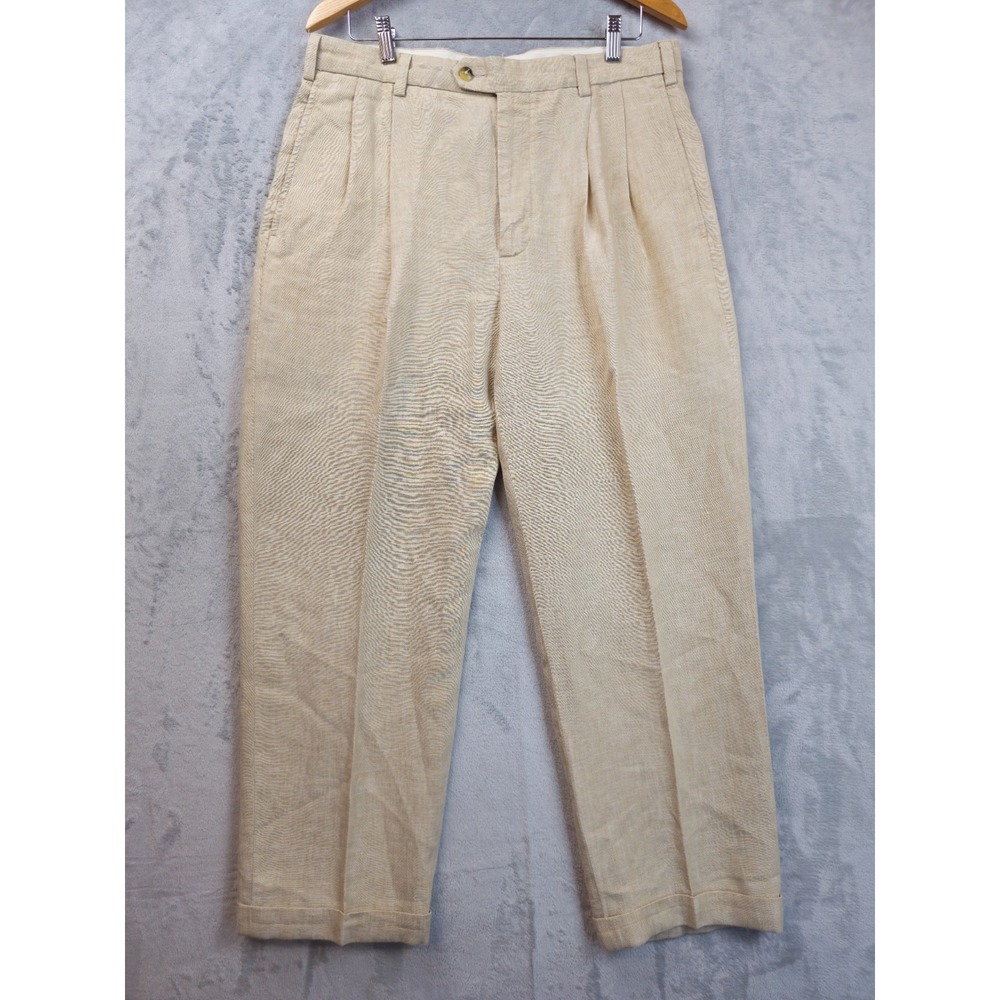 Jos A Bank Pants Men 34x29 Khaki Linen Slacks Pleated Preppy Old Money Beach Ivy